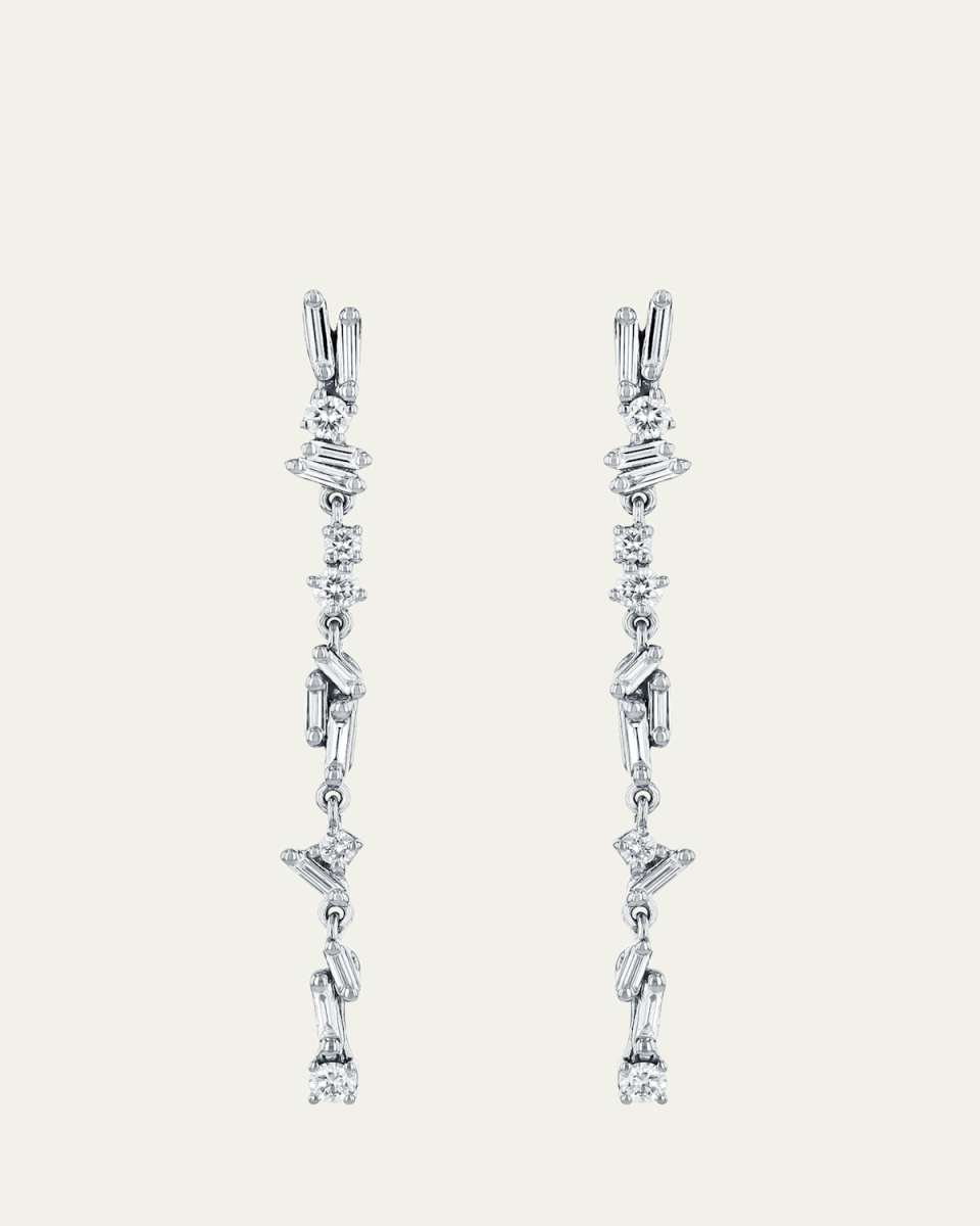 18K White Gold Dangle Earrings with Diamond Baguettes and Rounds